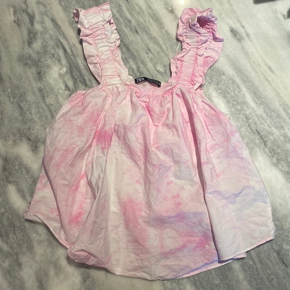 Zara Pink Tie Die Poplin Ruffle Sleeve Babydoll Tank Top size XS
